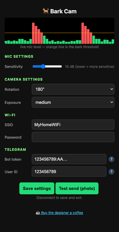 BarkCam config UI — live mic level with bark threshold, sensitivity, camera and Telegram settings